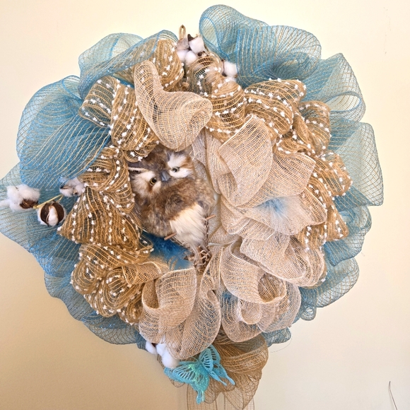 Hand Crafted Blue and Tan Holiday Wreath - Picture 1 of 11